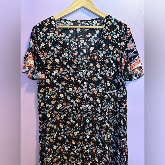 Floral V-Neck Tie Waist Maxi Short Sleeve Button Down Maxi Dress XL - Picture 2 of 9